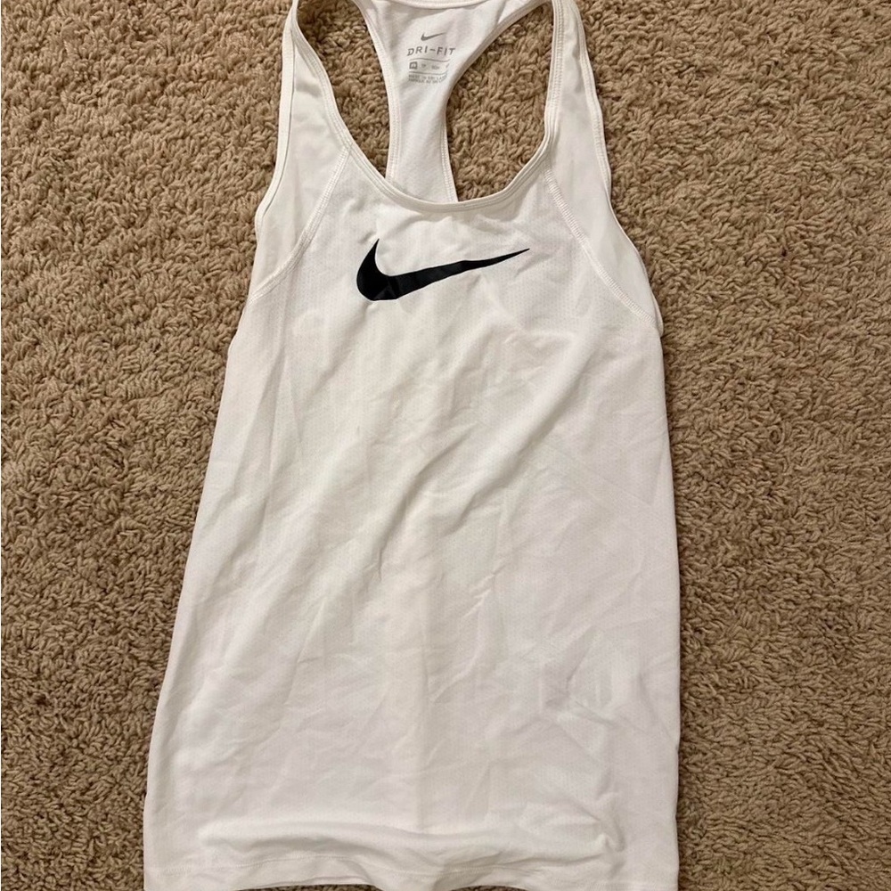 Nike White Dri-FIT Racerback Tank with Black Swoosh
